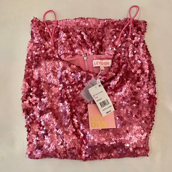NWT L LEYDEN pink sequin sequined embellished party mini spaghetti st dress rave - Picture 6 of 12